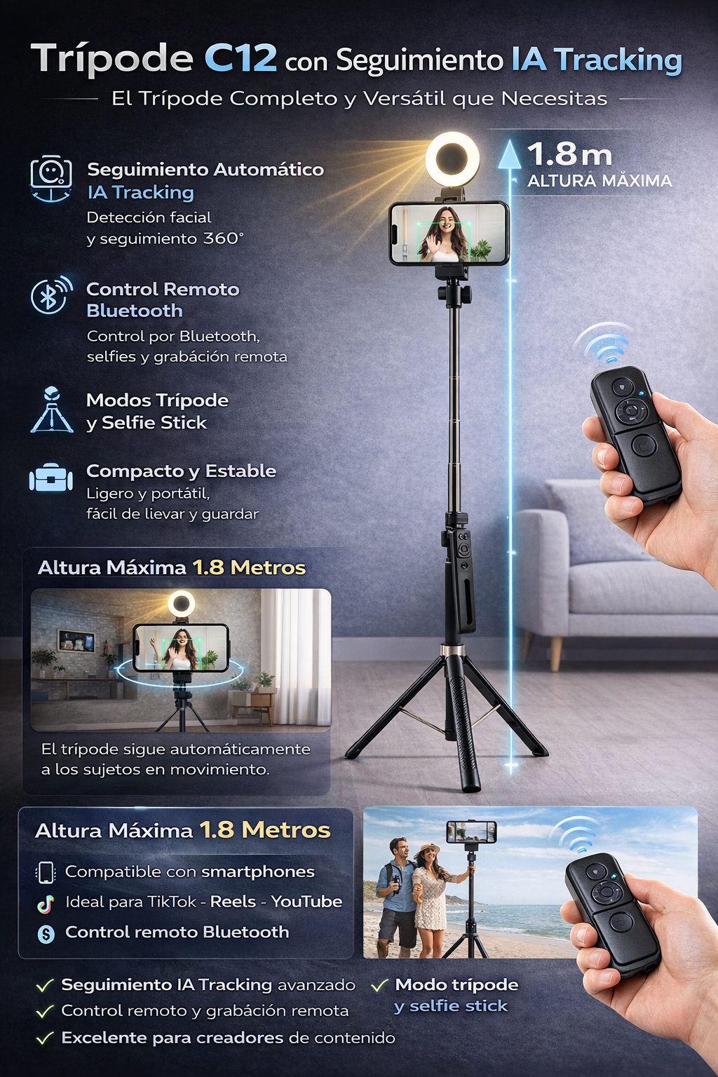 Trípode con palo selfie con Seguimiento